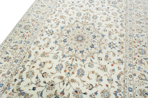 Backside of handmade New Kashan rug showing knot structure and weave density