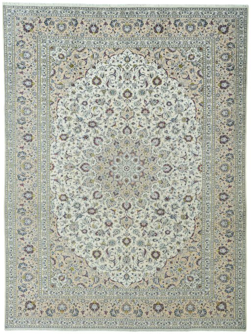 Full view of 2000s Kashan rug from Iran / Persia, 395 × 295 cm in Beige tones