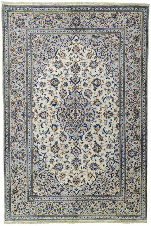 Full view of 2000s Kashan rug from Iran / Persia, 307 × 205 cm in Beige tones