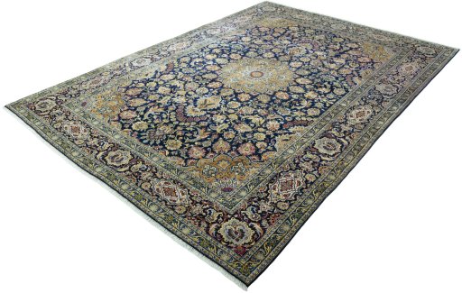 Corner detail of 2000s Kashan rug showing border pattern and Wool pile