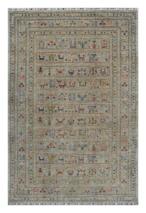 Full view of New Samarkand rug from Pakistan, 245 × 168 cm in Beige tones