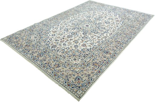 Corner detail of 2000s Kashan rug showing border pattern and Wool pile