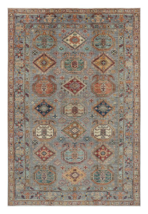 Full view of New Kazak rug from Pakistan, 296 × 199 cm in Gray tones