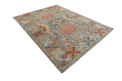 Corner detail of New Kazak rug showing border pattern and Wool pile