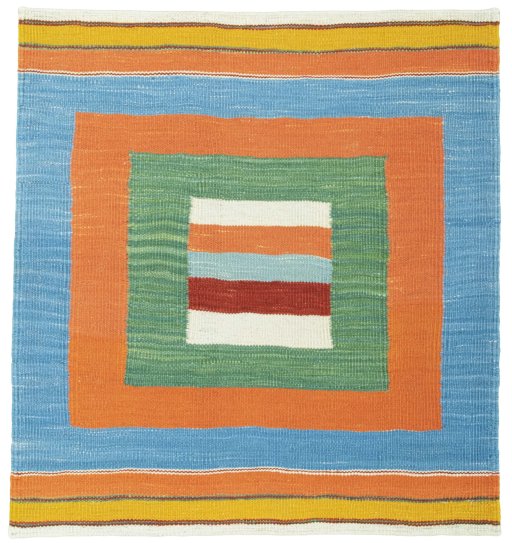 Full view of New Kilim Sofre rug from Turkey, 85 × 80 cm in Multi Color tones
