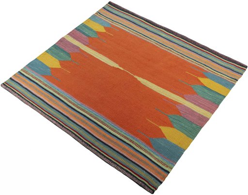 Corner detail of New Kilim Sofre rug showing border pattern and Wool pile