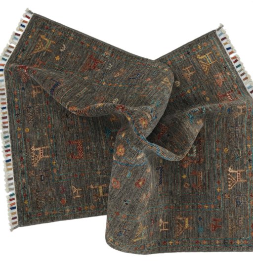 Full view of New Samarkand rug from Pakistan, 127 × 79 cm in Gray tones