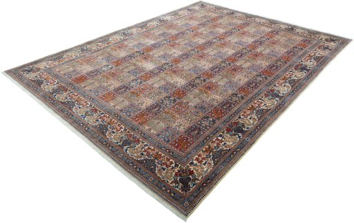 Corner detail of 2000s Moud rug showing border pattern and Wool pile