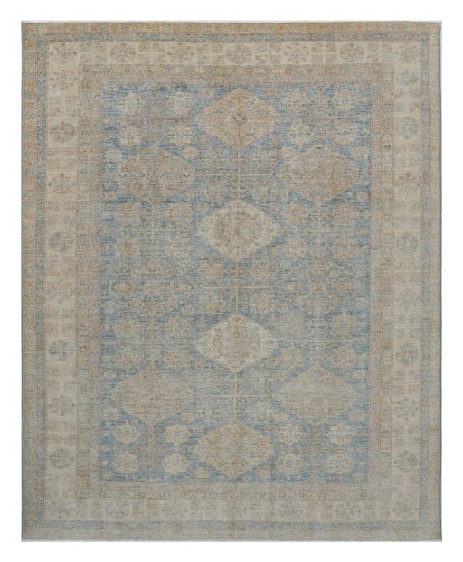 Full view of New Kazak rug from Pakistan, 299 × 242 cm in Blue tones