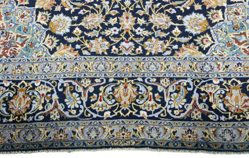 Full view of 2000s Kashan rug from Iran / Persia, 398 × 293 cm in Blue tones