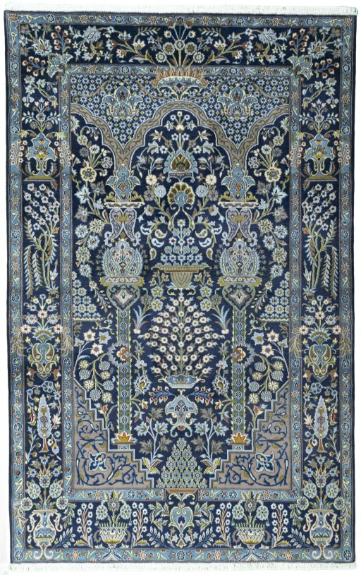 Full view of 2000s Kashan rug from Iran / Persia, 222 × 141 cm in Blue tones