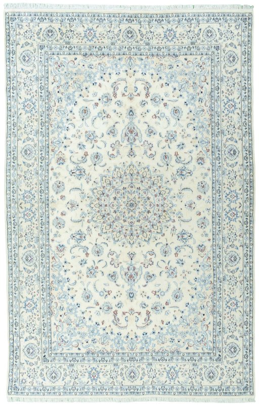 Full view of New Nain rug from Iran / Persia, 307 × 198 cm in Beige tones