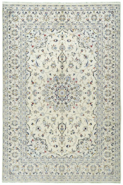 Full view of 2000s Kashan rug from Iran / Persia, 296 × 196 cm in Beige tones