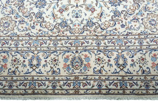 Full view of 2000s Kashan rug from Iran / Persia, 350 × 245 cm in Beige tones