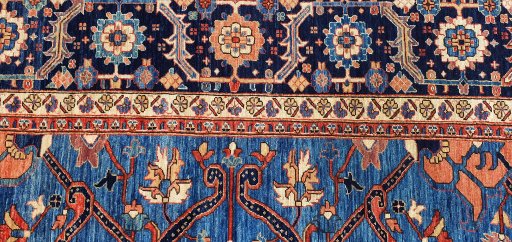 Full view of New Farahan rug from Pakistan, 450 × 364 cm in Blue tones