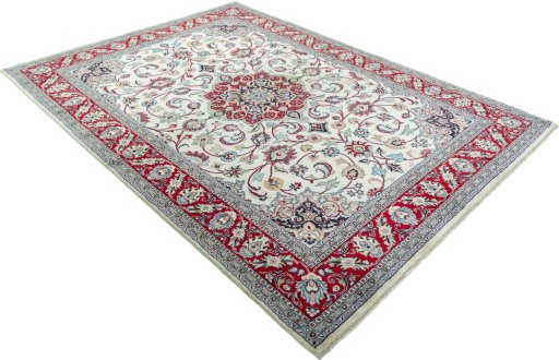 Close-up detail of 2000s Sarough rug from Iran / Persia showing Wool weave