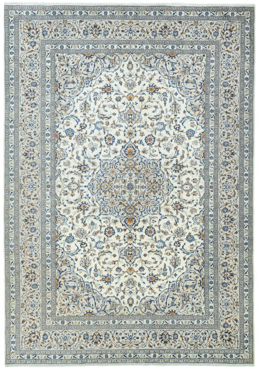 Full view of 2000s Kashan rug from Iran / Persia, 347 × 240 cm in Beige tones