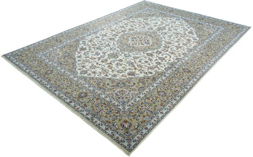 Corner detail of 2000s Kashan rug showing border pattern and Wool pile