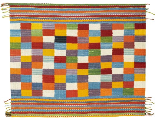Full view of New Kilim Sofre rug from Turkey, 90 × 109 cm in Multi Color tones