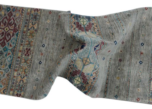 Full view of New Samarkand rug from Pakistan, 247 × 77 cm in Gray tones