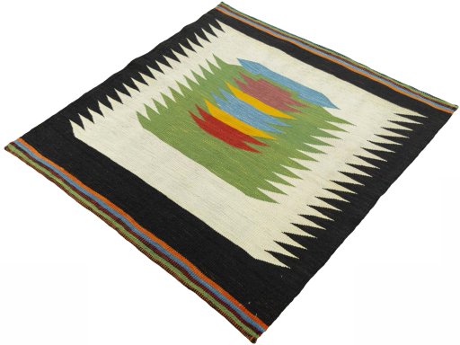 Corner detail of New Kilim Sofre rug showing border pattern and Wool pile