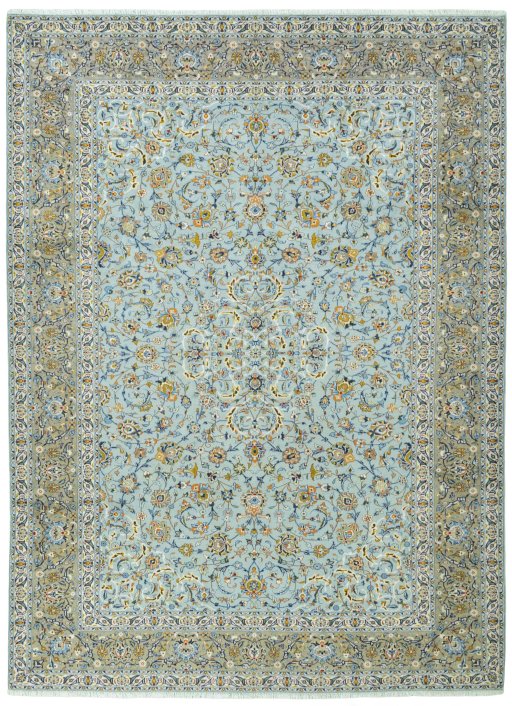 Full view of 2000s Kashan rug from Iran / Persia, 418 × 308 cm in Blue tones