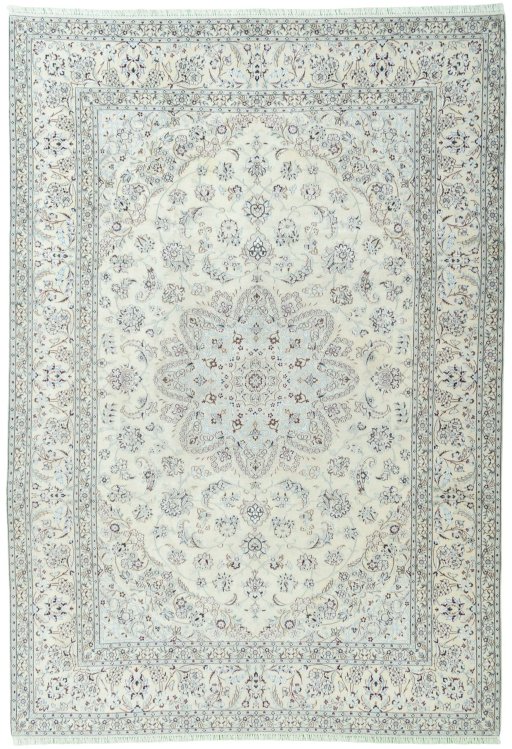 Full view of 2000s Nain rug from Iran / Persia, 357 × 247 cm in Beige tones