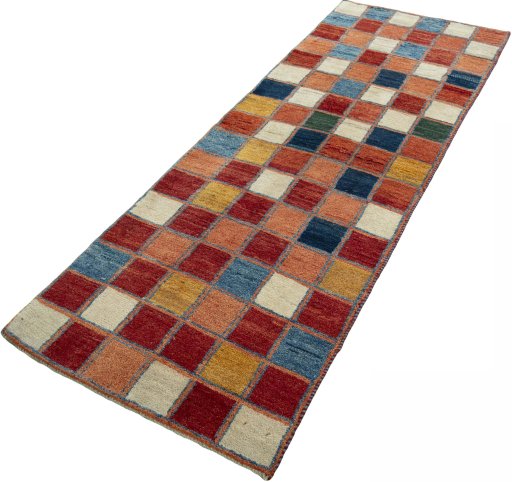 Corner detail of 2000s Persian Gabbeh rug showing border pattern and Wool pile