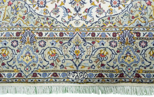 Full view of 2000s Kashan rug from Iran / Persia, 215 × 145 cm in Beige tones
