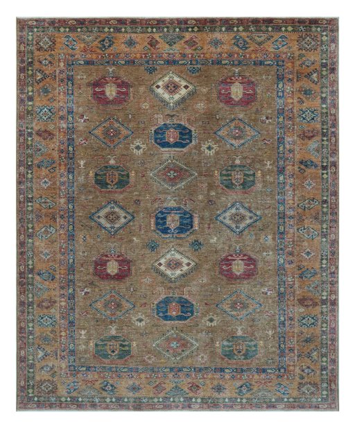 Full view of New Kazak rug from Pakistan, 304 × 244 cm in Yellow tones