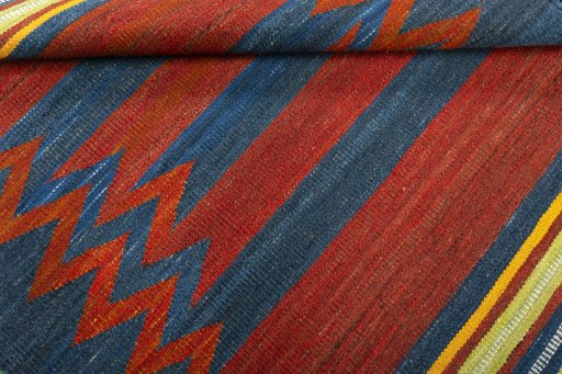 Full view of New Kilim Sofre rug from Turkey, 115 × 103 cm in Multi Color tones
