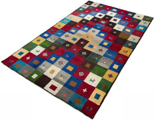 Corner detail of 2000s Persian Gabbeh rug showing border pattern and Wool pile