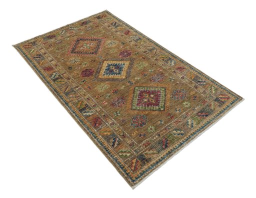 Corner detail of New Kazak rug showing border pattern and Wool pile