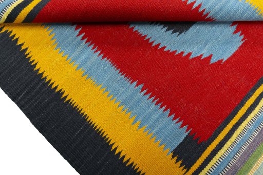 Full view of New Kilim Sofre rug from Turkey, 111 × 98 cm in Multi Color tones