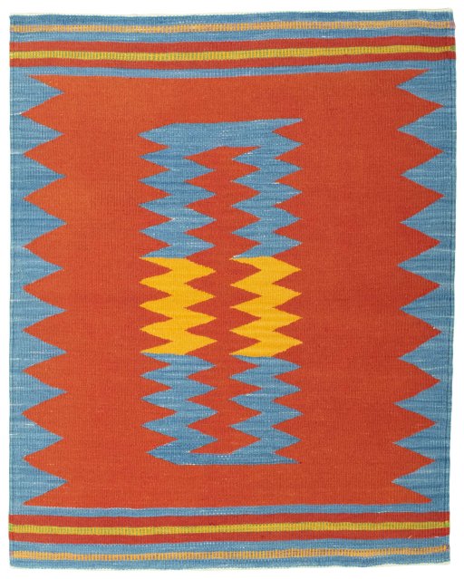 Full view of New Kilim Sofre rug from Turkey, 115 × 92 cm in Multi Color tones