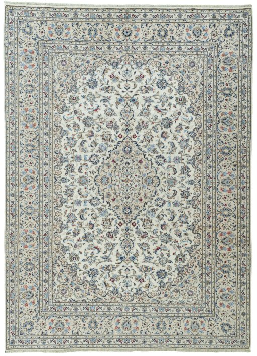 Full view of 2000s Kashan rug from Iran / Persia, 347 × 250 cm in Beige tones
