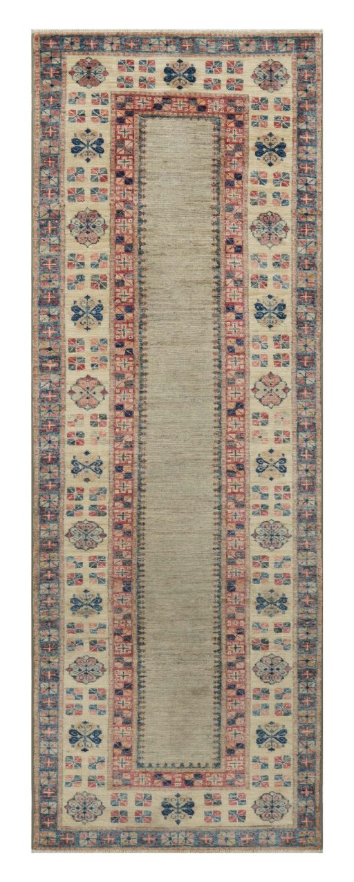 Full view of New Kazak rug from Pakistan, 209 × 72 cm in Beige tones