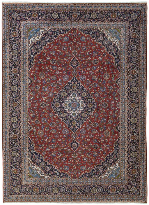 Full view of New Kashan rug from Iran / Persia, 412 × 300 cm in Red tones