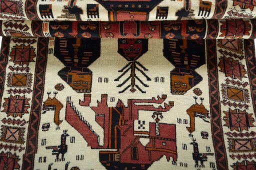Full view of 1930s Baloch rug from Iran / Persia, 193 × 105 cm in Beige tones