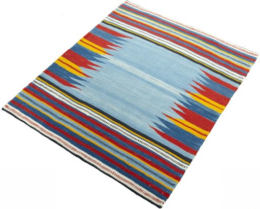 Corner detail of New Kilim Sofre rug showing border pattern and Wool pile