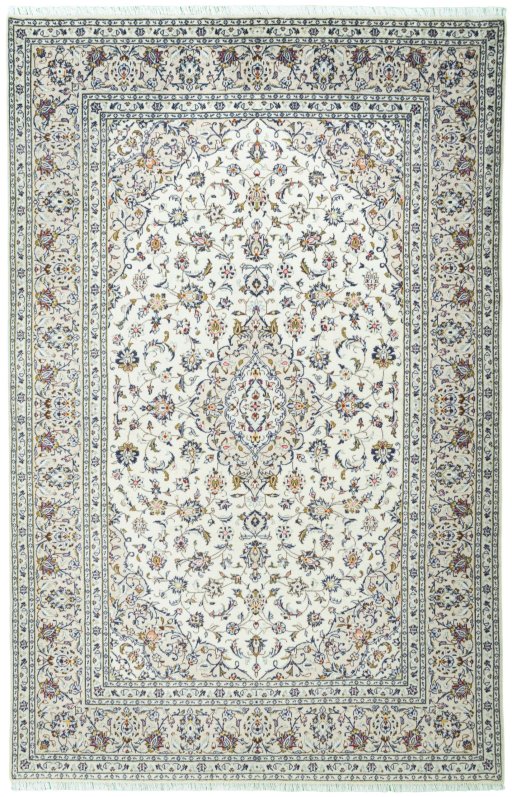 Full view of 2000s Kashan rug from Iran / Persia, 300 × 193 cm in Beige tones