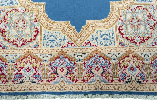 Full view of 1970s Kerman rug from Iran / Persia, 271 × 181 cm in Blue tones