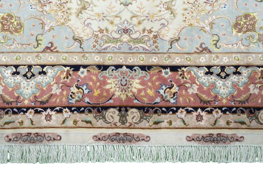 Full view of New Tabriz 50/60/70 Raj rug from Iran / Persia, 213 × 150 cm in Beige tones