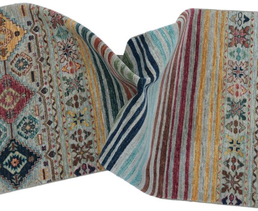 Full view of New Samarkand rug from Pakistan, 254 × 79 cm in Multi Color tones