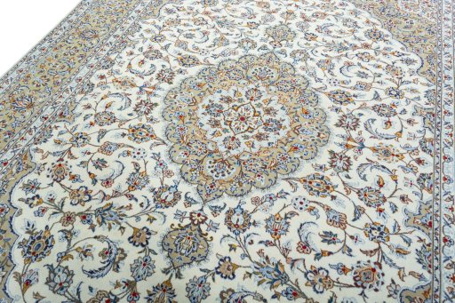 Backside of handmade 2000s Kashan rug showing knot structure and weave density