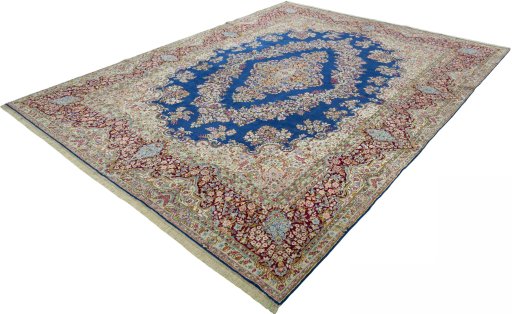 Corner detail of 1970s Kerman rug showing border pattern and Wool pile