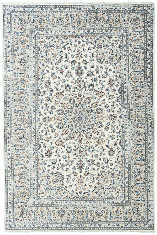 Full view of 2000s Kashan rug from Iran / Persia, 301 × 201 cm in Beige tones