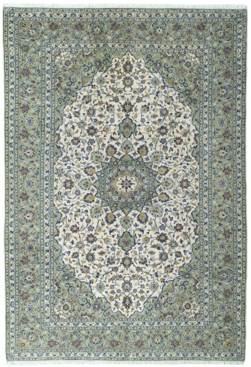 Full view of 2000s Kashan rug from Iran / Persia, 300 × 206 cm in Beige tones