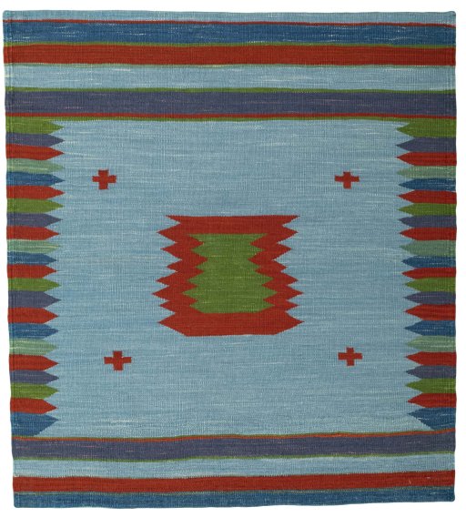 Full view of New Kilim Sofre rug from Turkey, 112 × 101 cm in Multi Color tones