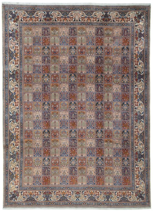 Full view of 2000s Moud rug from Iran / Persia, 394 × 288 cm in Multi Color tones